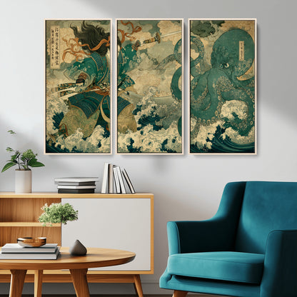 24416422-MGV-CV-36X24-Samurai vs Octopus Wall Art – Japanese Warrior Ocean Battle Canvas Print, Ukiyo e Inspired Decor for Home, Office, or Man Cave