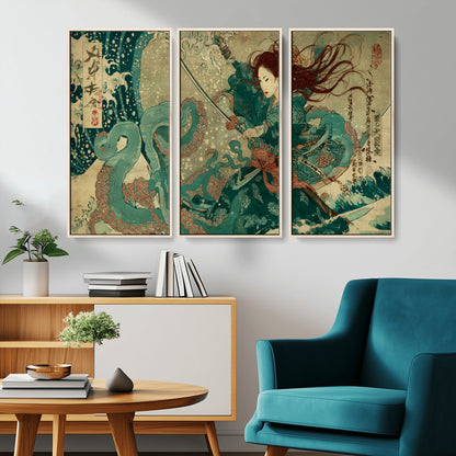86918027-MGV-CV-36X24-Tsukioka Yoshitoshi Samurai Wall Art Print, Japanese Katana Warrior Canvas Wall Art, Octopus Sea Monster Canvas Print,
