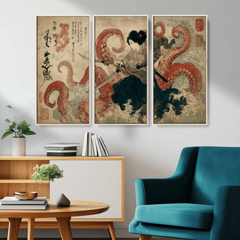 50812504-MGV-CV-36X24-Tsukioka Yoshitoshi Samurai Wall Art Print, Japanese Katana Warrior Canvas Wall Art, Octopus Sea Monster Canvas Print,