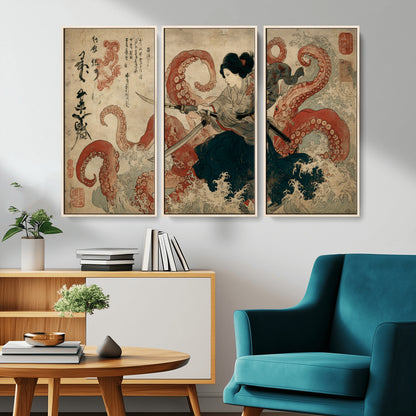 50812504-MGV-CV-36X24-Tsukioka Yoshitoshi Samurai Wall Art Print, Japanese Katana Warrior Canvas Wall Art, Octopus Sea Monster Canvas Print,