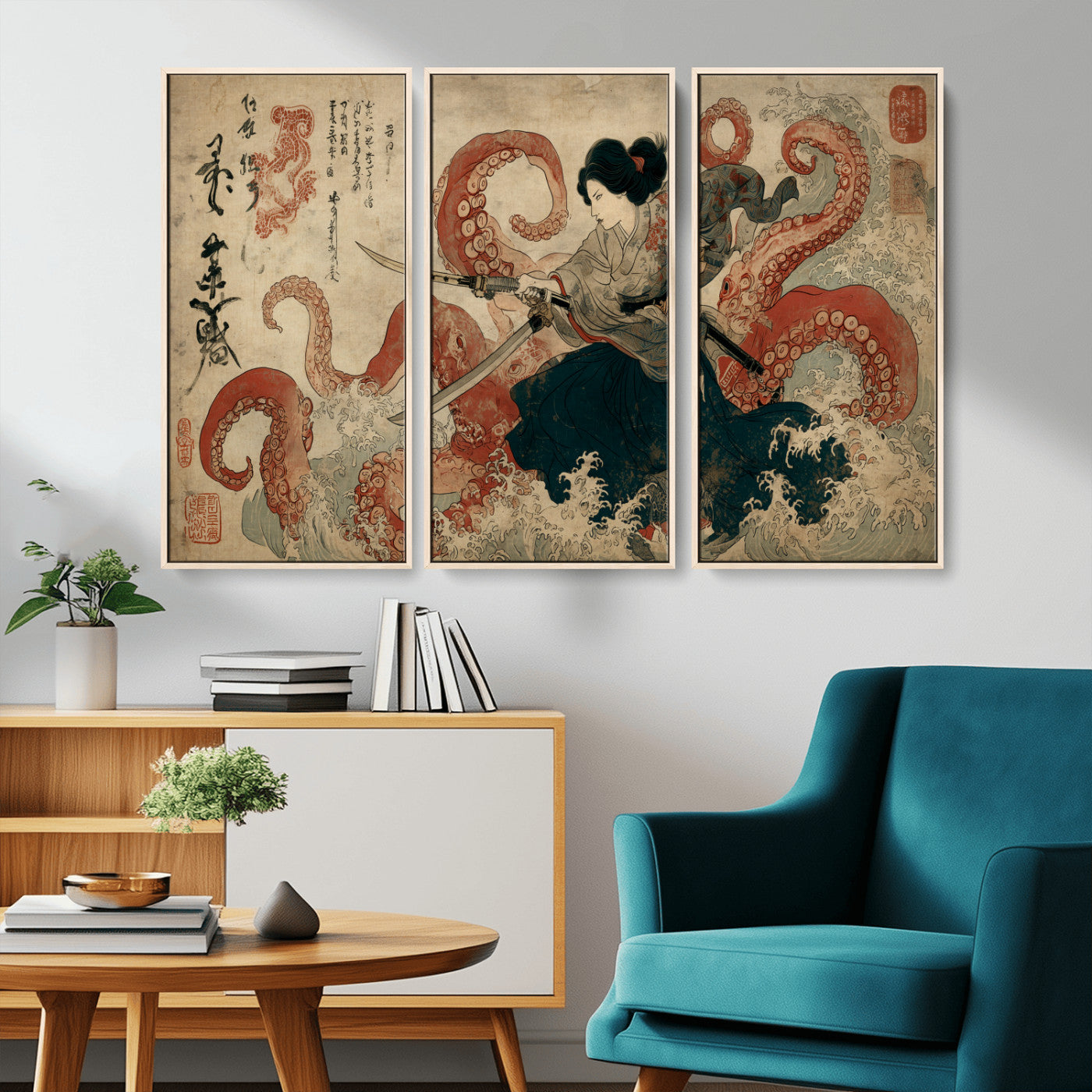 50812504-MGV-CV-36X24-Samurai Woman vs Octopus Wall Art – Japanese Ukiyo-e Red Tentacle Canvas Print, Ocean Battle Artwork for Living Room, Office, Man