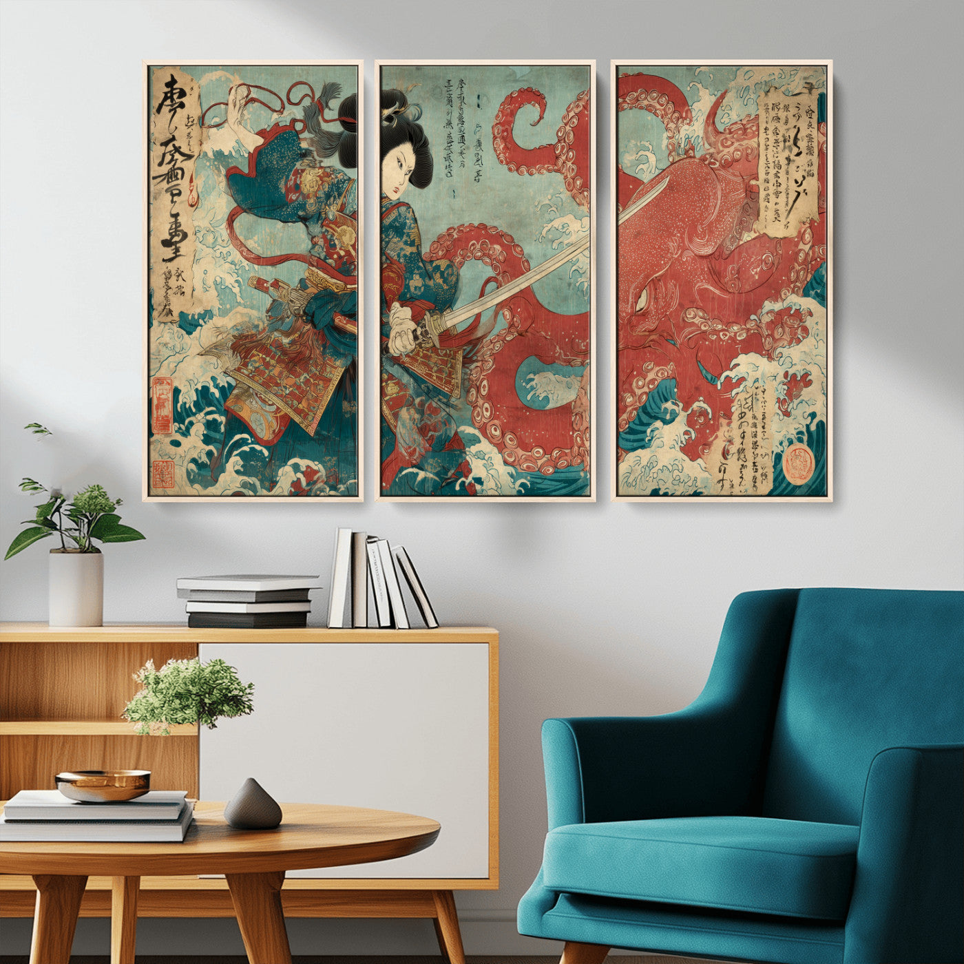 68844327-MGV-CV-36X24-Tsukioka Yoshitoshi Samurai Wall Art Print, Japanese Katana Warrior Canvas Wall Art, Octopus Sea Monster Canvas Print,