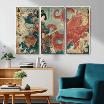 68844327-MGV-CV-36X24-Tsukioka Yoshitoshi Samurai Wall Art Print, Japanese Katana Warrior Canvas Wall Art, Octopus Sea Monster Canvas Print,