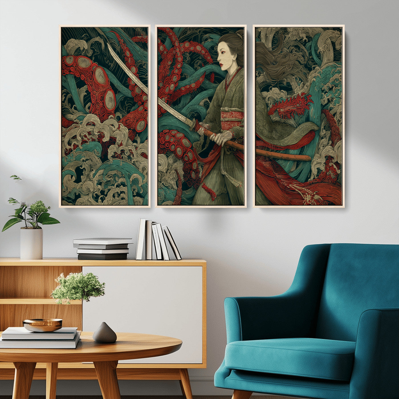 18902796-MGV-CV-36X24-Samurai Woman vs Octopus Wall Art – Japanese Ukiyo-e Green Kimono Canvas Print, Ocean Battle Scene Artwork for Living Room,