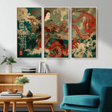 60201267-MGV-CV-36X24-Samurai Woman vs Octopus Wall Art – Japanese Ukiyo-e Armor Canvas Print, Red Tentacle Ocean Battle Artwork for Living Room,