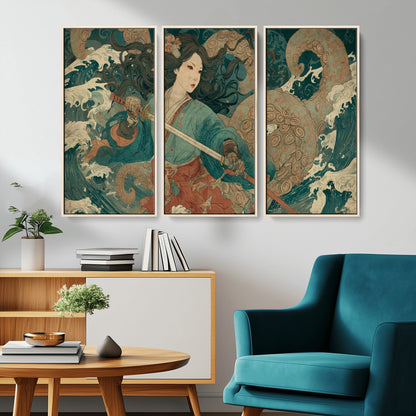 79740258-MGV-CV-36X24-Samurai Woman vs Octopus Wall Art – Japanese Ukiyo-e Blue Kimono Canvas Print, Ocean Battle Artwork for Living Room, Office, Man