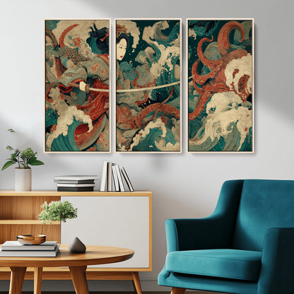 30212982-MGV-CV-36X24-Samurai Woman vs Octopus Wall Art – Japanese Ukiyo-e Style Warrior and Sea Monster Canvas Print, Mythology Inspired Artwork for