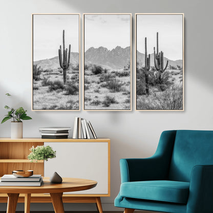 97436PHN-MGV-CV-36X24-Desert Landscape Wall Art – Black and White Cactus and Mountain Canvas Print, Southwestern Nature Photography for Living Room,