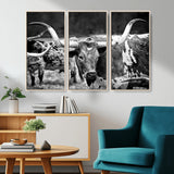 15425553-MGV-CV-36X24-Western Wall Art – Longhorn Cattle Black and White Canvas Print, Rustic Ranch Photography Decor for Bedroom, Living Room, Office,