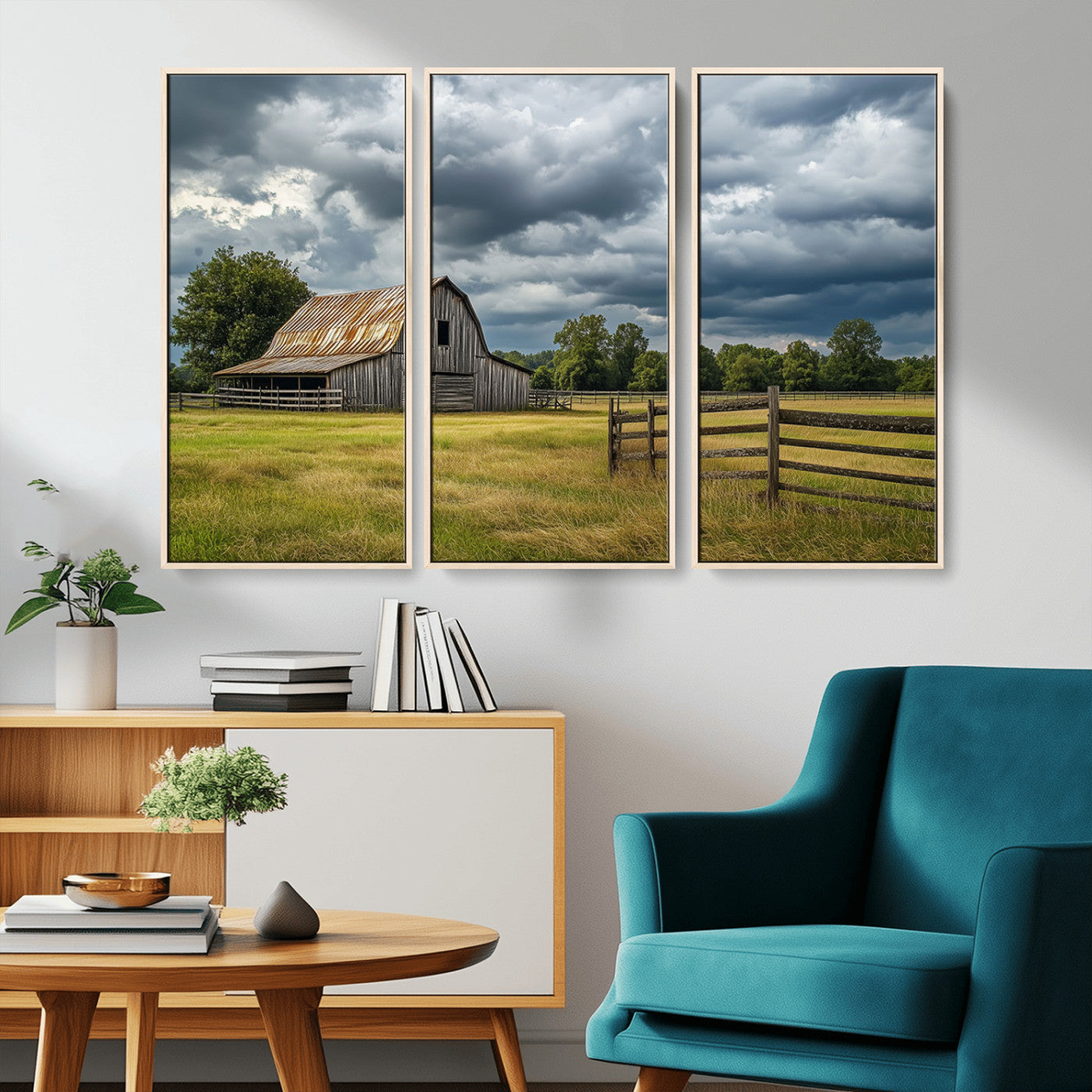 39409517-MGV-CV-36X24-Rustic Barn Wall Art – Weathered Farmhouse and Storm Clouds Canvas Print, Country Landscape Photography Decor for Bedroom, Living