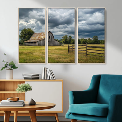 39409517-MGV-CV-36X24-Rustic Barn Wall Art – Weathered Farmhouse and Storm Clouds Canvas Print, Country Landscape Photography Decor for Bedroom, Living