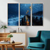48300530-MGV-CV-36X24-Night Pier Wall Art – Moody Ocean Boardwalk Canvas Print, Impressionist Coastal Seascape Painting Decor for Living Room, Office,