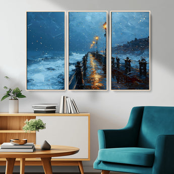 93793246-MGV-CV-36X24-Stormy Night Pier Canvas Wall Art – Moody Ocean Landscape with Lights, Blue Coastal Seascape Print for Bedroom, Living Room,