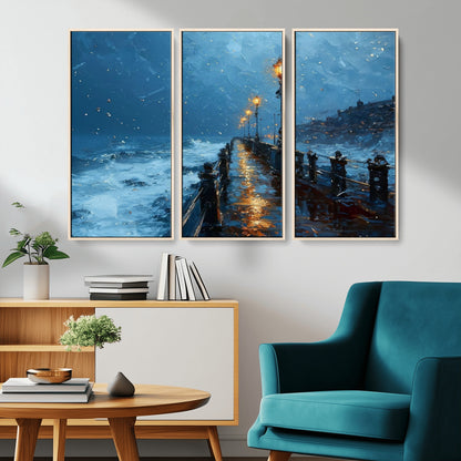 93793246-MGV-CV-36X24-Stormy Night Pier Canvas Wall Art – Moody Ocean Landscape with Lights, Blue Coastal Seascape Print for Bedroom, Living Room,
