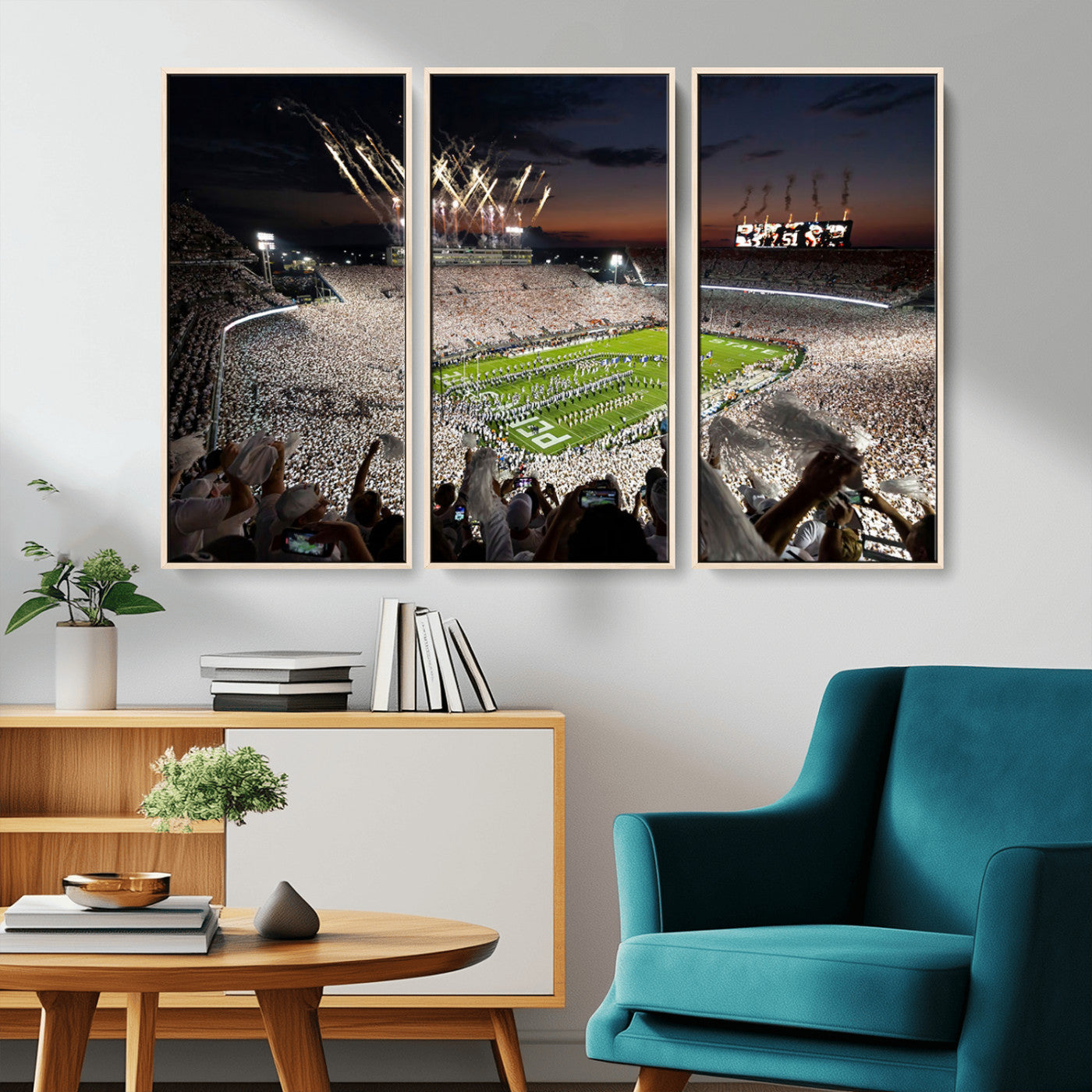 11221988-MGV-CV-36X24-Football Stadium Wall Art – Game Day Crowd with Fireworks, Sports Fan Photography Print, Stadium Decor for Man Cave, Bar, or