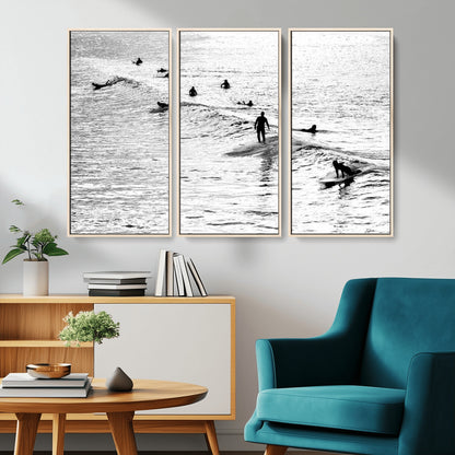 68018616-MGV-CV-36X24-Black and White Surf Photography Print – Minimalist Ocean Wall Art, Surfers Riding Waves, Coastal Beach Decor for Modern Home or