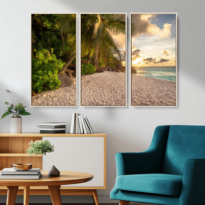89531159-MGV-FC-48X32-3P_Natural-Tropical Beach Sunset Canvas Wall Art – Palm Trees Golden Sand Ocean Waves Coastal Paradise Print for Beach House Bedroom Bathroom