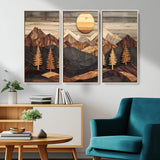 90044381-MGV-CV-36X24-Rustic Wall Art – Wooden Mountain Landscape with Sun and Pine Trees, Handcrafted Nature Canvas Style Decor for Bedroom, Living