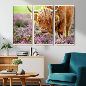 64069351-MGV-CV-36X24-Farmhouse Wall Art – Highland Cow in Wildflowers Canvas Print, Rustic Country Cattle Photography Decor for Bedroom, Living Room,