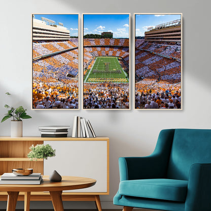 64238859-MGV-CV-36X24-Neyland Stadium Wall Art – Panoramic Tennessee Volunteers Power T Checkerboard Crowd Canvas Print, Day Game Football Band Sports