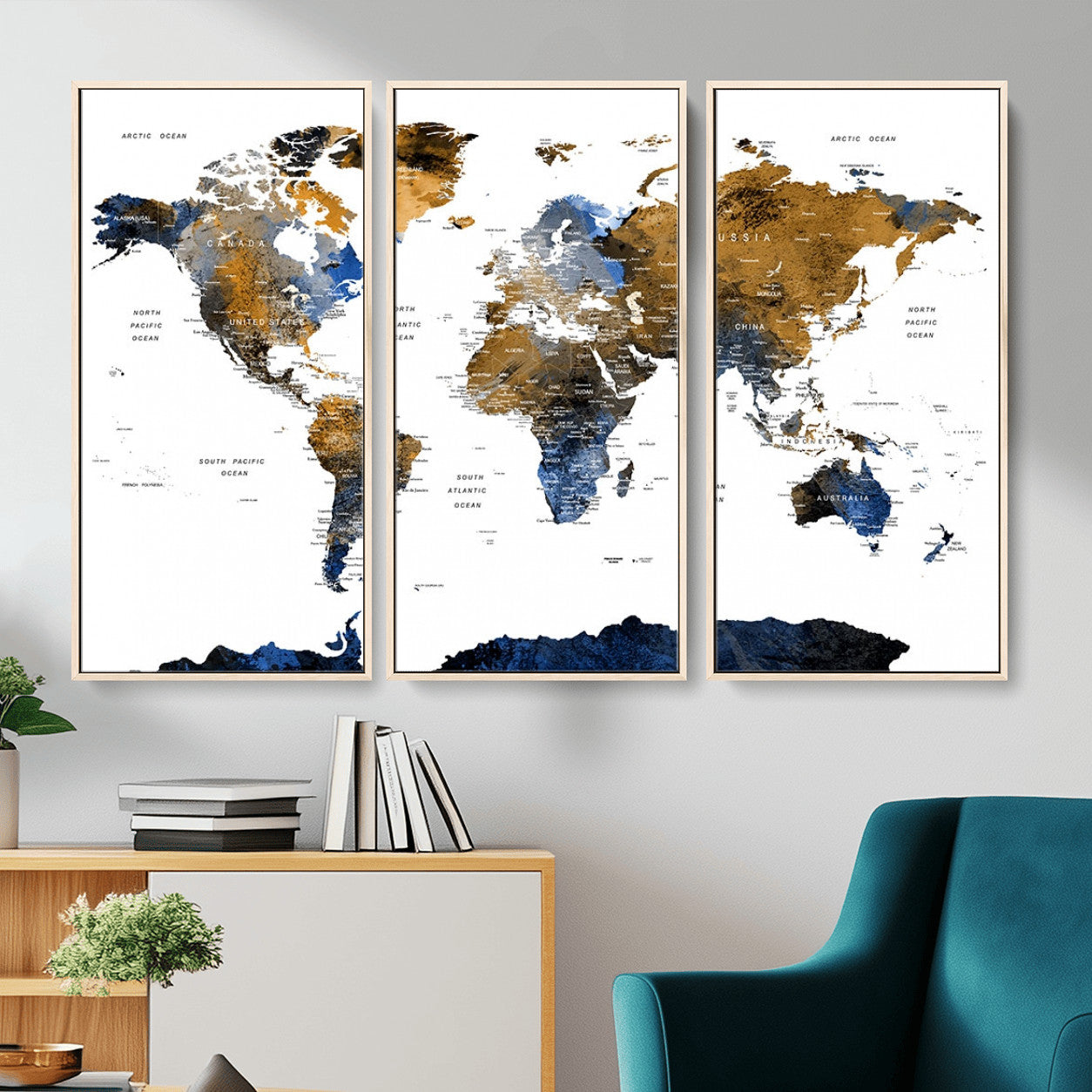 MGV-FC-48X32-3P - World Map Wall Art Canvas Print, Framed Blue Gold Map Art Picture Print, Rustic Atlas Perfect Rustic Modern Decor Artwork