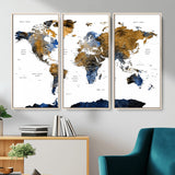 MGV-FC-48X32-3P - World Map Wall Art Canvas Print, Framed Blue Gold Map Art Picture Print, Rustic Atlas Perfect Rustic Modern Decor Artwork