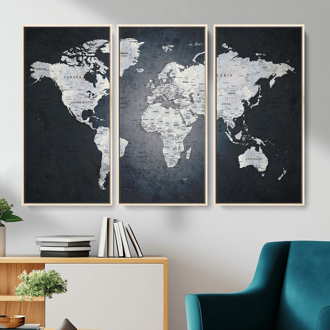 MGV-FC-48X32-3P - Monochrome World Map Wall Art Canvas Print, Framed Minimalist Map Art Picture Print, Modern Atlas Perfect Modern Minimalist Decor Artwork