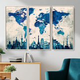 MGV-FC-48X32-3P - Blue World Map Wall Art Canvas Print, Framed Iconic Landmarks Art Picture Print, Blue Globe Map Perfect Elegant Explorer Decor Artwork