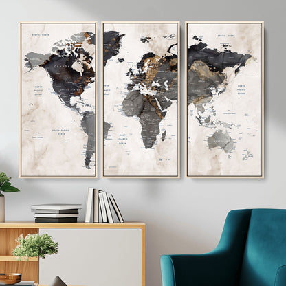 MGV-FC-48X32-3P - World Map Wall Art Canvas Print, Framed Rustic Map Art Picture Print, Antique Map Perfect Rustic Explorer Decor Artwork