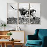 83785-MGV-CV-36X24-Texas Longhorn Wall Art Canvas Print, Framed Horned Bull Art Picture Print, Monochrome Cattle Perfect Rustic Western Decor Artwork