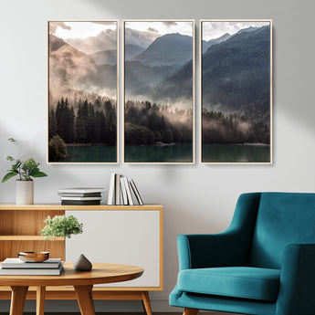 64758-MGV-CV-36X24-Misty Mountains Wall Art Canvas Print, Framed Moody Pines Art Picture Print, Forest Lake Perfect Moody Alpine Decor Artwork