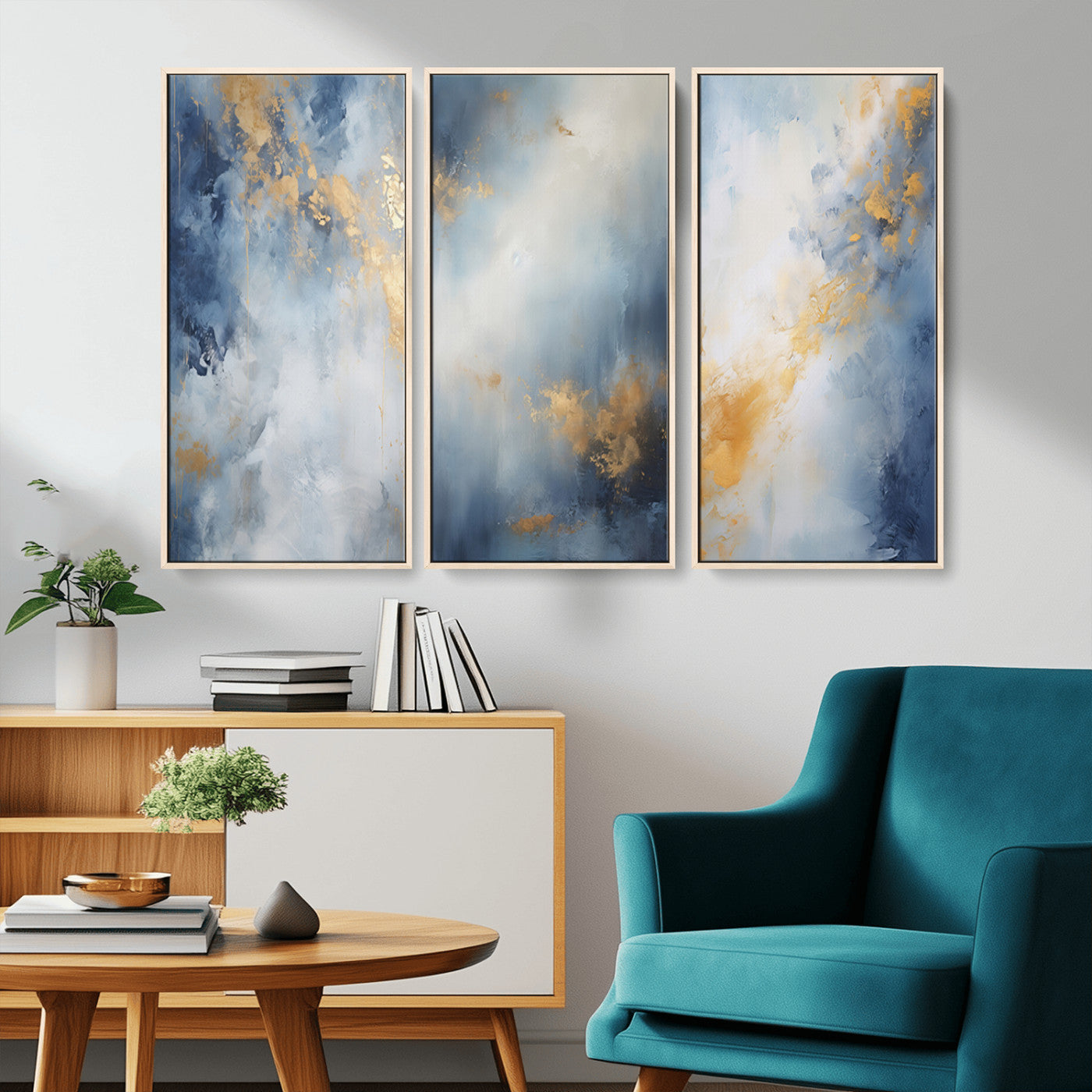 41836-MGV-CV-36X24-Abstract Gold Wall Art Canvas Print, Framed Blue Layers Art Picture Print, Elegant Cloud Perfect Elegant Minimalist Decor Artwork
