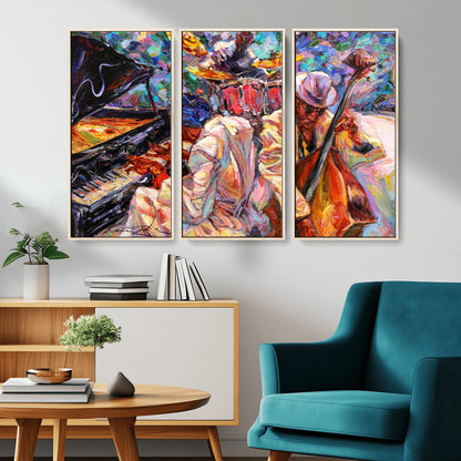 13675-MGV-CV-36X24-Jazz Band Wall Art Canvas Print, Framed Jazz Oil Painting Art Picture Print, Vibrant Music Perfect Abstract Musical Decor Artwork