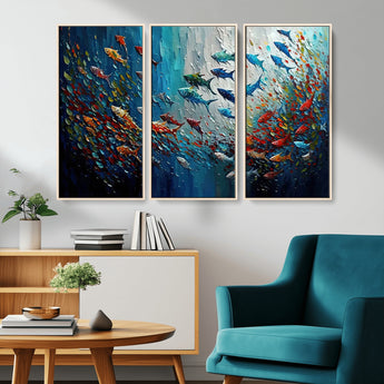 89626-MGV-CV-36X24-Fish Swarm Wall Art Canvas Print, Framed Abstract Ocean Art Picture Print, Underwater Life Perfect Vibrant Coastal Decor Artwork