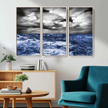 91043-MGV-CV-36X24-Stormy Ocean Wall Art Canvas Print, Framed Moody Seascape Art Picture Print, Monochrome Sea Perfect Coastal Drama Decor Artwork
