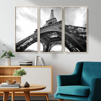 40006-MGV-FC-48X32-3P_Natural-Eiffel Tower Wall Art – Black and White Architectural Photo Print, Paris Inspired Decor for Bedroom, Office, Studio or Modern