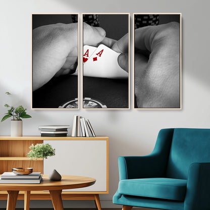 62460-MGV-CV-36X24-Poker Game Wall Art – Close Up of Hands Holding Aces with Chips, Casino Style Decor for Game Room, Man Cave or Office