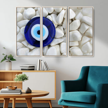 48883-MGV-CV-36X24-Evil Eye Wall Art – Deep Blue Symbol of Presence and Calm on White Stones, Subtle Spiritual Decor for Entryway, Studio, Office or