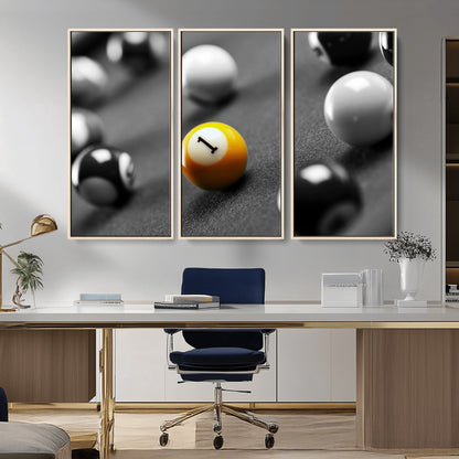 52108-MGV-CV-36X24-Precision Pool Table Wall Art – Close Up Yellow 1 Ball Canvas Print, Hand-Played Billiards Game Decor for Office, Game Room, or