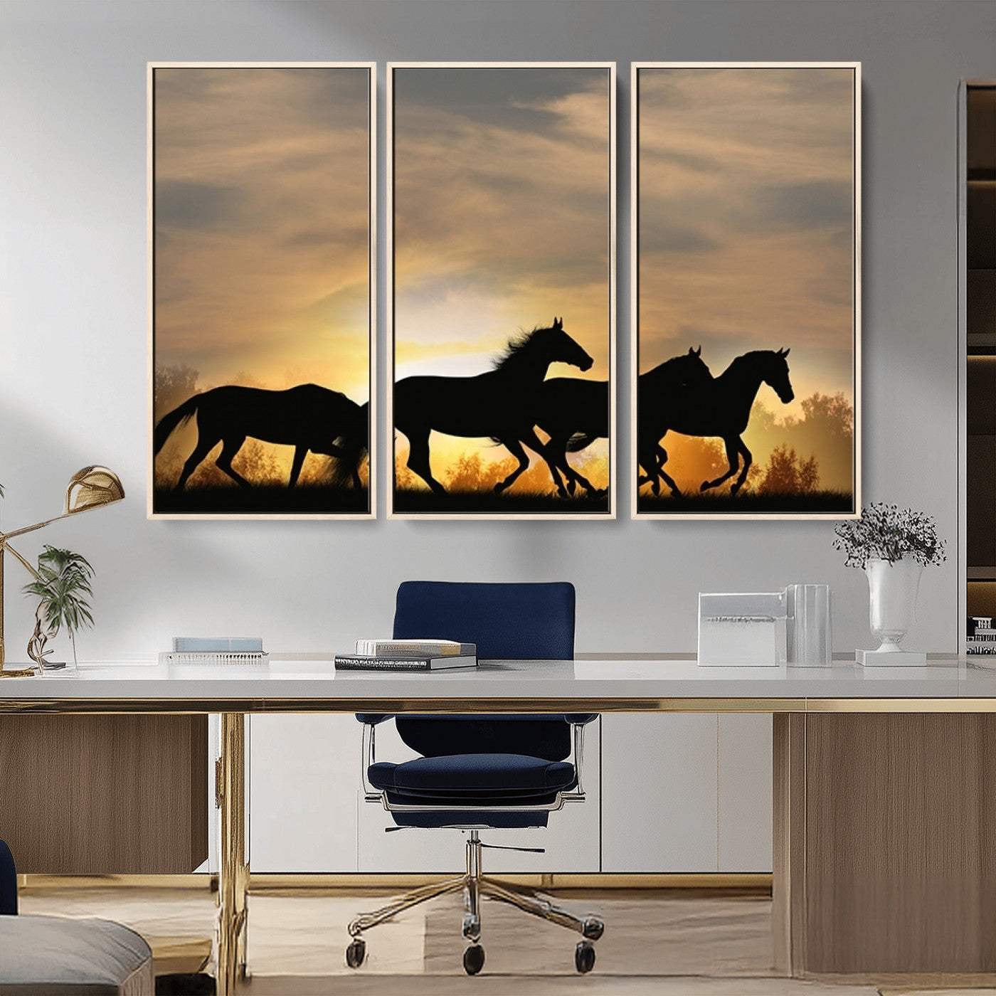 16620-MGV-FC-48X32-3P_Natural-Sunset Stallions Wall Art – Silhouetted Horses Running Canvas Print, Nature’s Rhythm, Perfect for Living Room, Office, or Man Cave