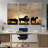 16620-MGV-FC-48X32-3P_Natural-Sunset Stallions Wall Art – Silhouetted Horses Running Canvas Print, Nature’s Rhythm, Perfect for Living Room, Office, or Man Cave
