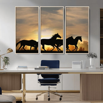 16620-MGV-FC-48X32-3P_Natural-Sunset Stallions Wall Art – Silhouetted Horses Running Canvas Print, Nature’s Rhythm, Perfect for Living Room, Office, or Man Cave