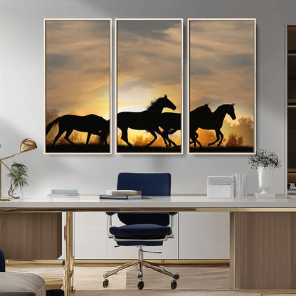 16620-MGV-FC-48X32-3P_Natural-Sunset Stallions Wall Art – Silhouetted Horses Running Canvas Print, Nature’s Rhythm, Perfect for Living Room, Office, or Man Cave