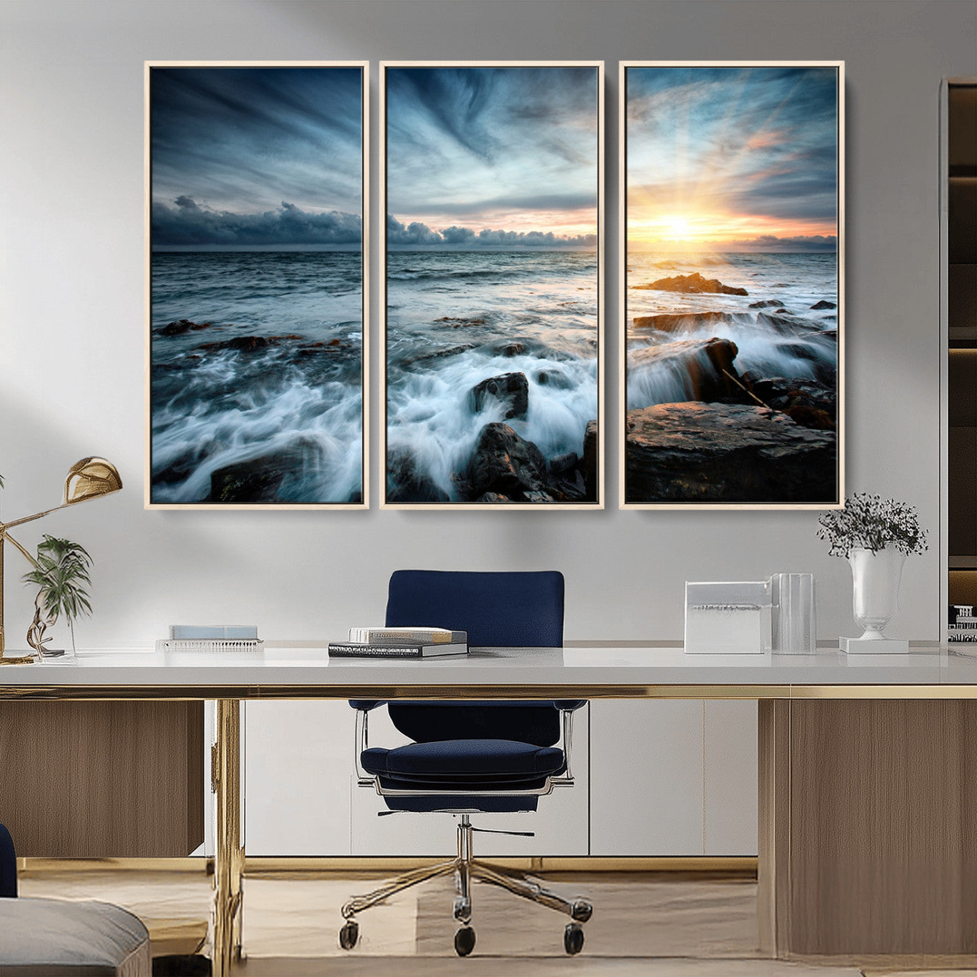 33428-MGV-FC-48X32-3P_Natural-Ocean Sunrise Wall Art – Serene Seascape Canvas Print, Coastal Home or Office Decor, Perfect for Living Room, Bedroom, or Study
