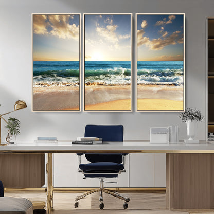 13139-MGV-CV-36X24-Sunrise Beach Wall Art – Ocean Waves and Golden Sand Canvas Print, Coastal Home Decor for Living Room, Bedroom, or Office