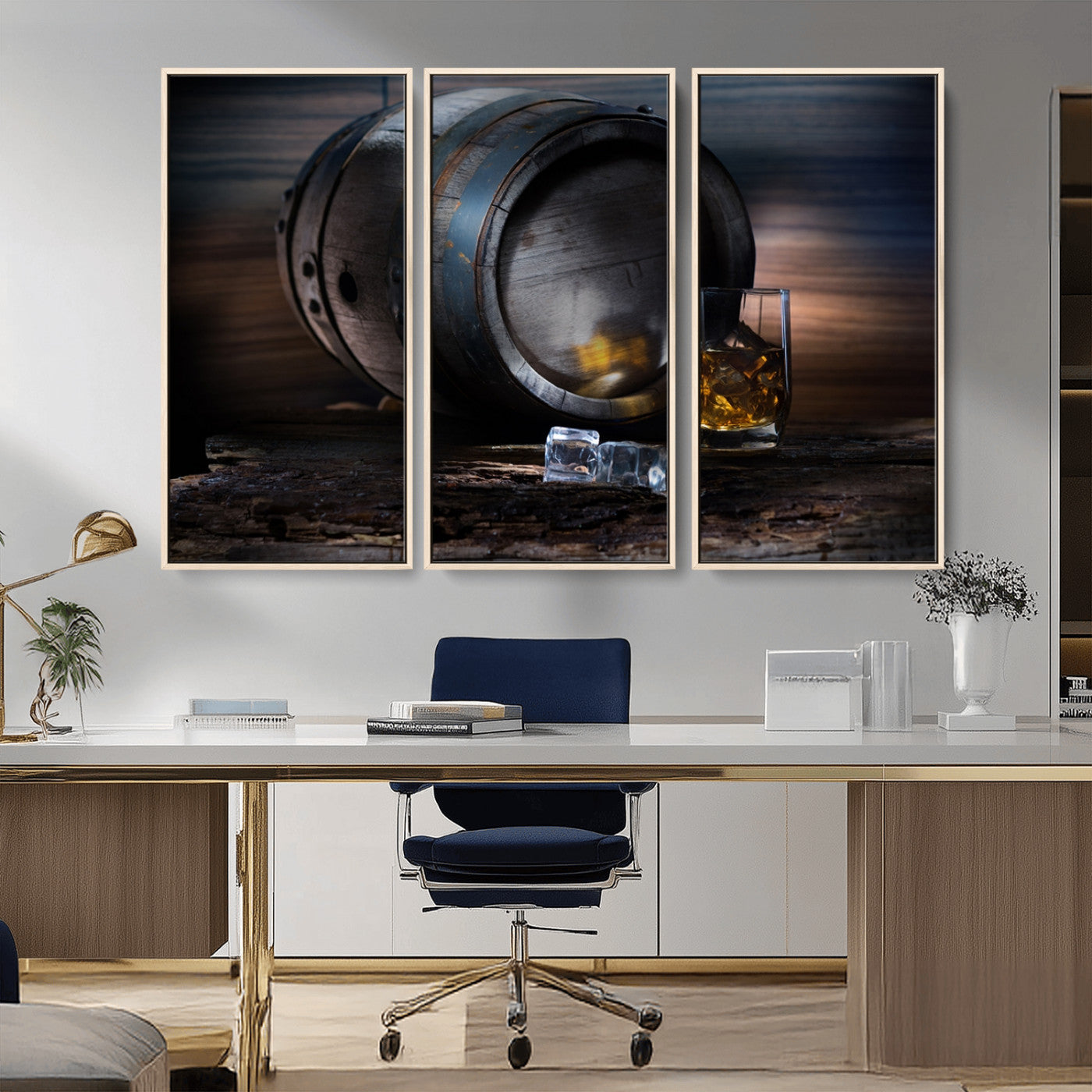 78049-MGV-CV-36X24-Whiskey Barrel Wall Art – Rustic Whiskey Barrel and Glass with Ice Canvas Print, Classic Bar or Lounge Decor for Home, Office, or