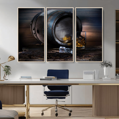 78049-MGV-CV-36X24-Whiskey Barrel Wall Art – Rustic Whiskey Barrel and Glass with Ice Canvas Print, Classic Bar or Lounge Decor for Home, Office, or