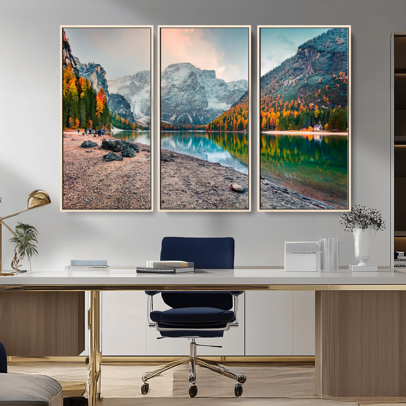 25982-MGV-CV-36X24-Autumn Mountain Lake Wall Art – Panoramic Fall Foliage and Snowy Peaks Canvas Print, Scenic Nature Decor for Living Room or Office