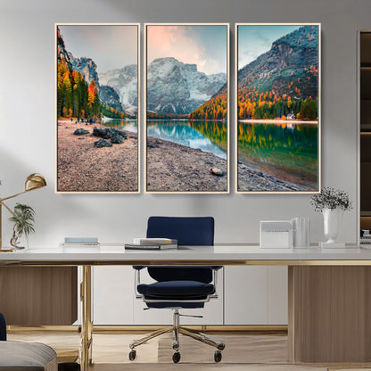 25982-MGV-CV-36X24-Autumn Mountain Lake Wall Art – Panoramic Fall Foliage and Snowy Peaks Canvas Print, Scenic Nature Decor for Living Room or Office