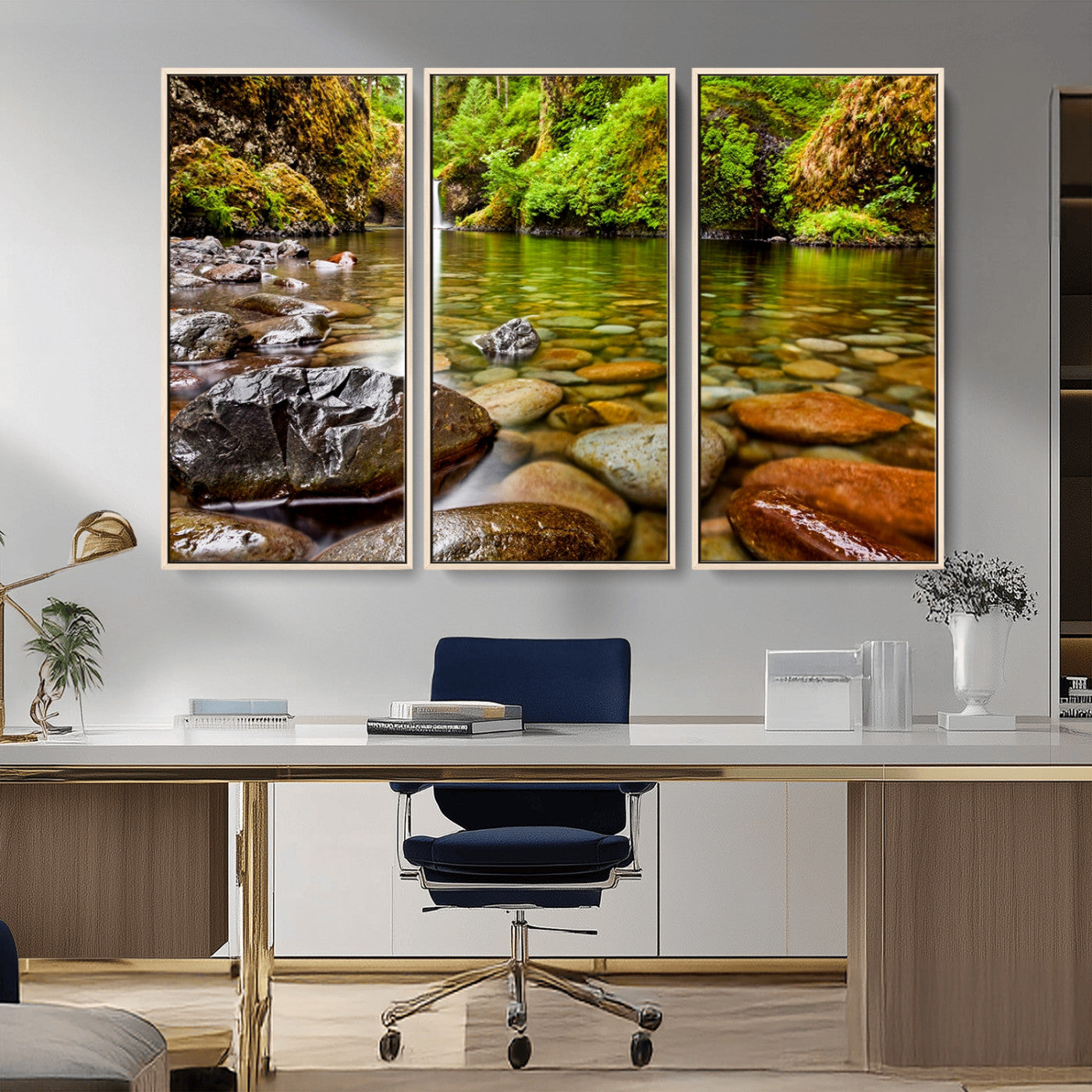 98096-MGV-CV-36X24-Serene River Waterfall Nature Photo – Calm Clear Water, Vibrant Green Forest and Smooth Stones Landscape Wall Art for Home or